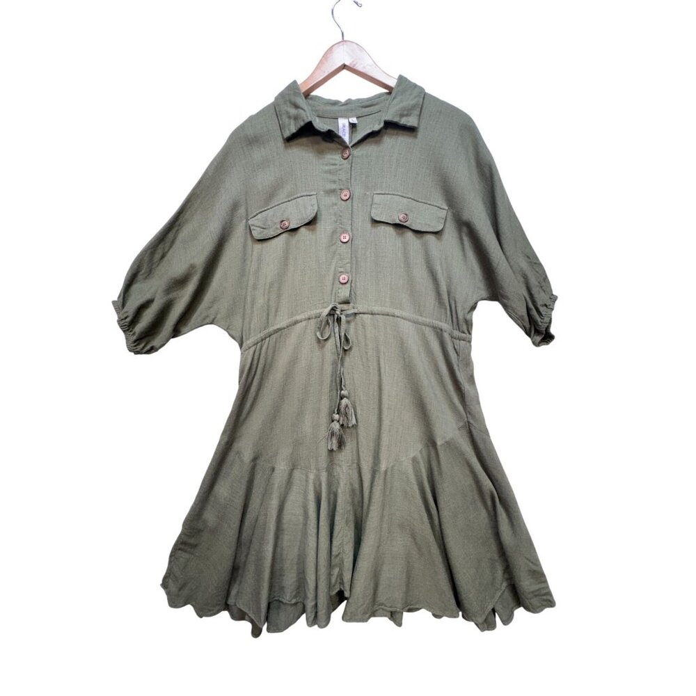 Grace + Karma Linen Blend Shirt Dress Womens Large Green Boho Tassel Tunic